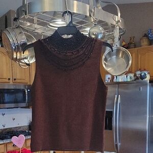 Grace Elements Brown Beaded Mock Neck Top